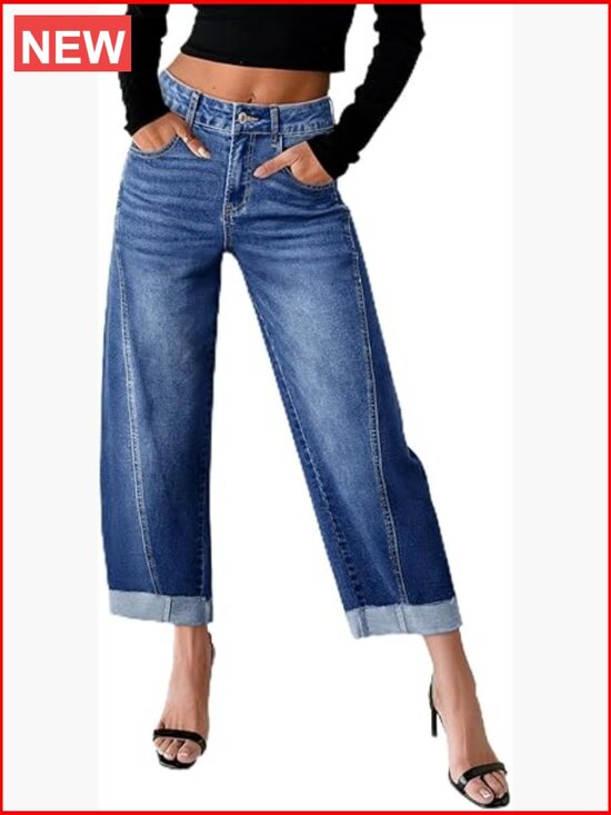 Denim - High Waisted Wide Leg Barrel Jeans Raw Rolled Hem Cropped Ankle